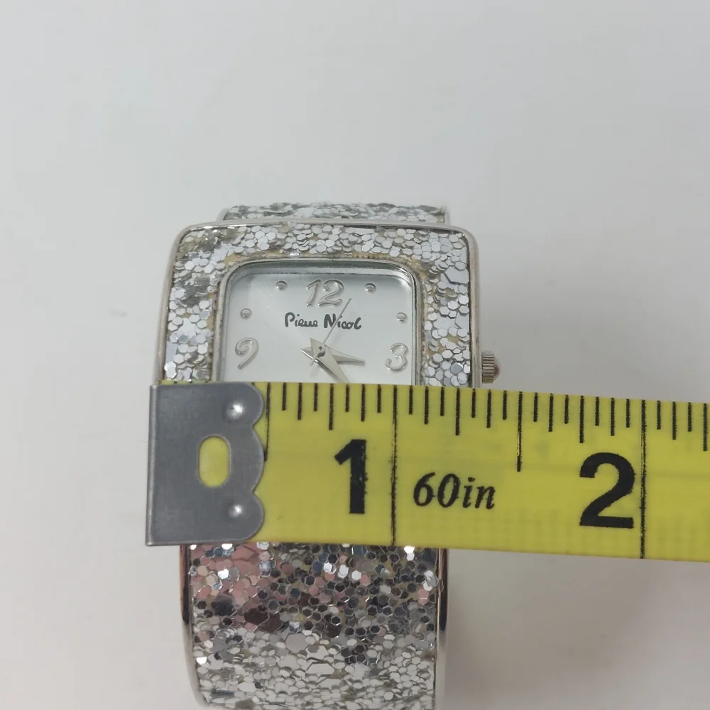 Pierre Nicol Silver Sequin Sparkly Watch Cuff Bracelet Square Face Glam Bling